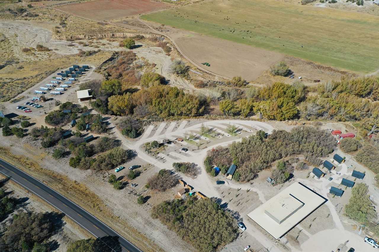 Aerial view of desert RV park.