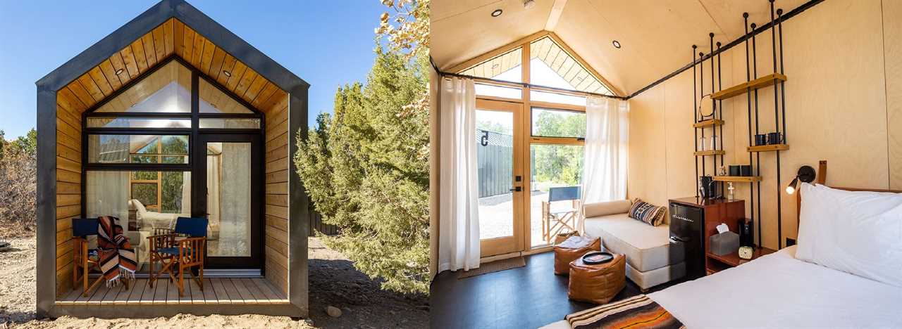 Side-by-side pictures of modern and comfortable camping Cabin.