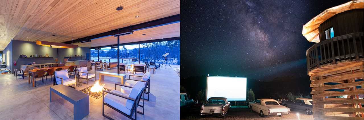 Picture of elegantly appointed lobby area side-by-side with pic of drive-in movie theater.