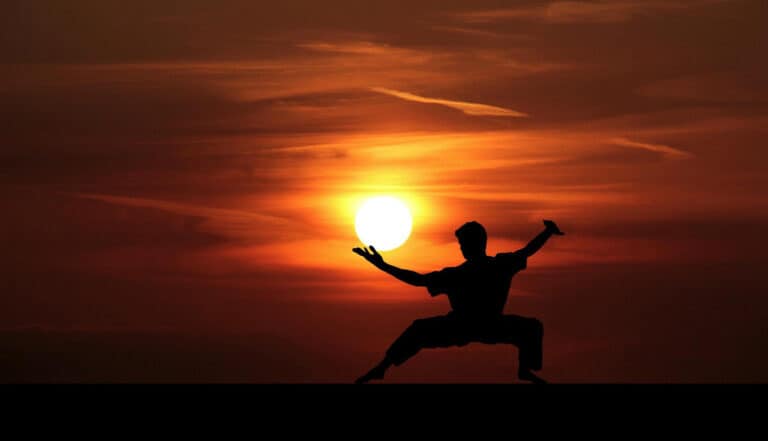 man practicing martial arts at sunset