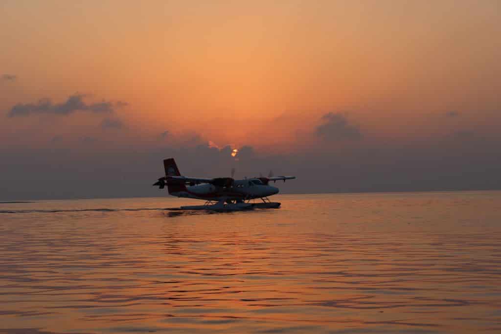 seaplane landing at sunset near Dry Tortugas National Park