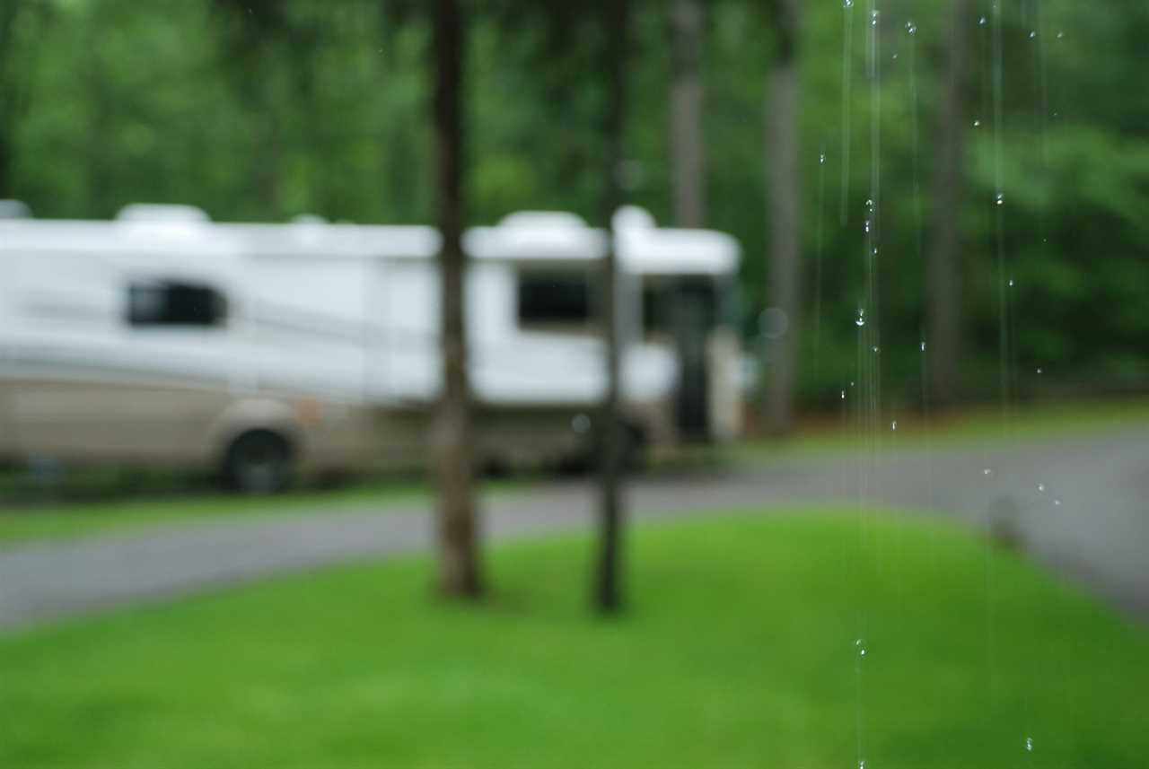 An RV in poor-visibility conditions caused by rain.