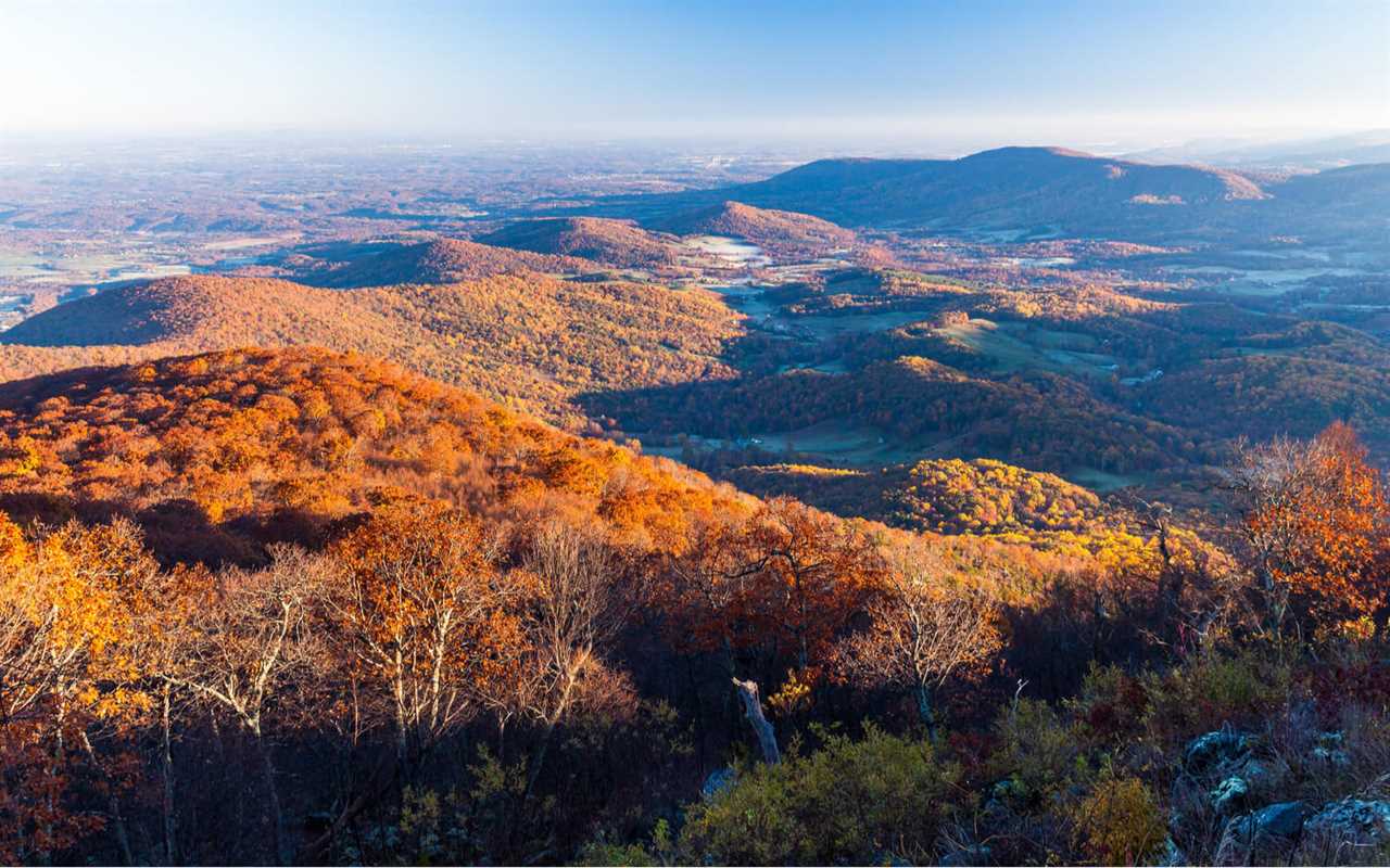 Aerial shot of rust-hued rolling hills.