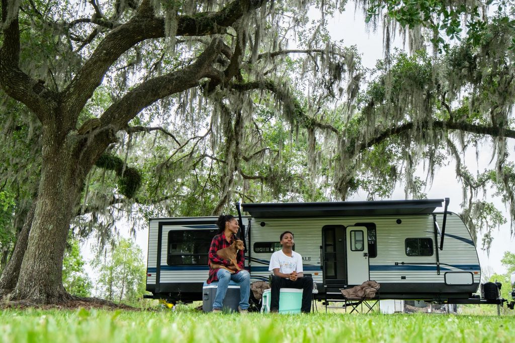 RV under live oak tree.