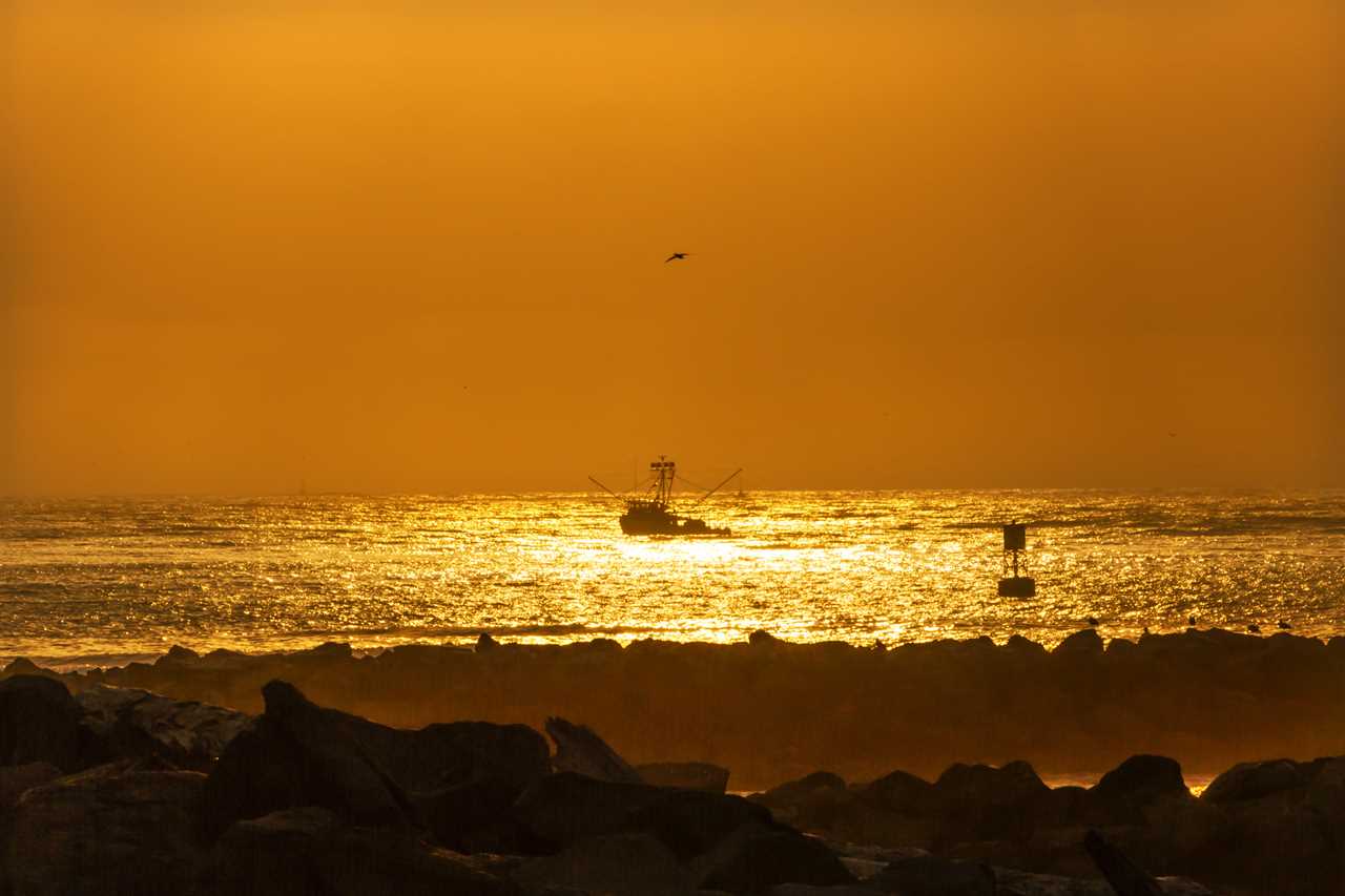 A fishing boat on golden waters during sunset.