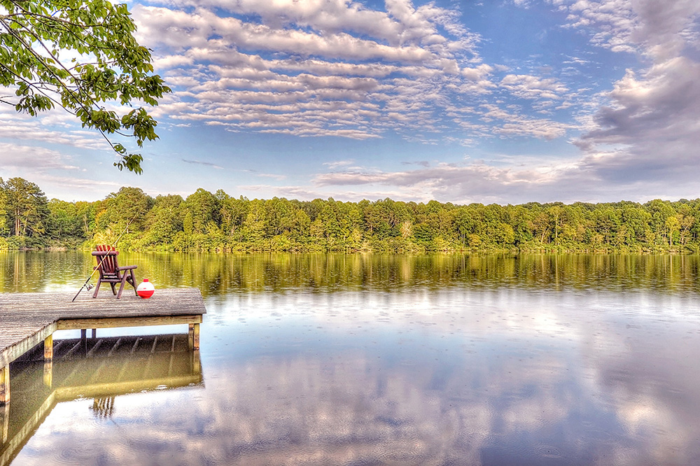 Dock on a placid lake surrounded by forest.