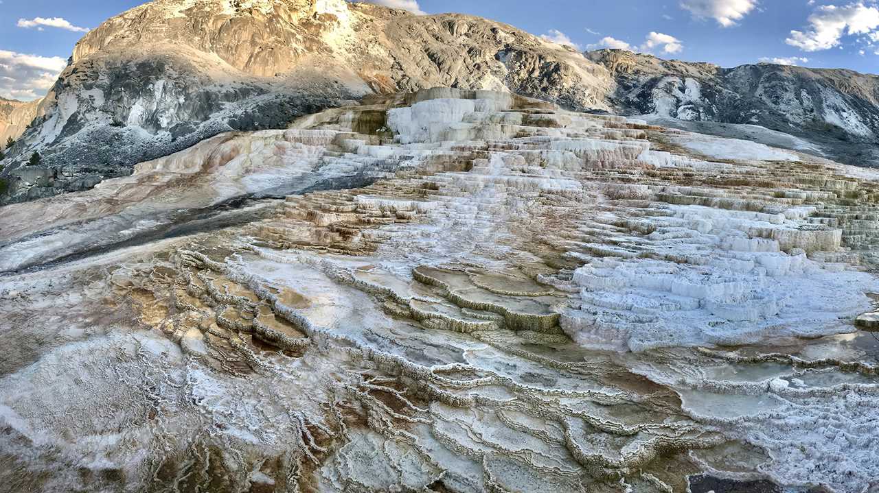 Hot springs waterfalls leave incredible mineral desposits.