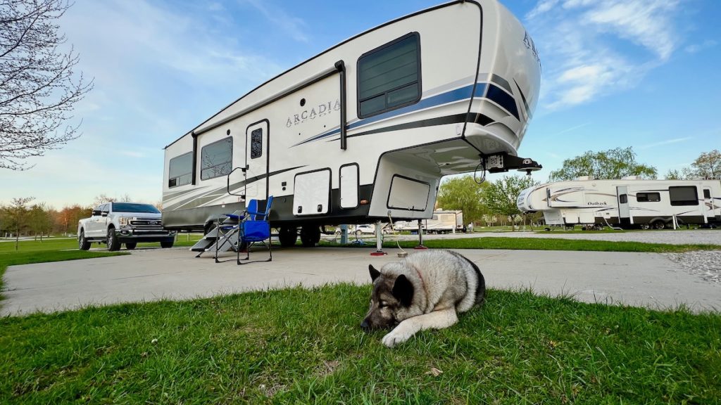 Fifth Wheel and Pet at Campground