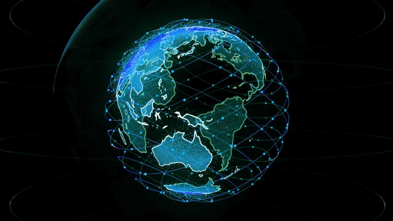 Abstract 3D rendering demonstrating satellites network around the world. Starlink satellites create Oneweb or skybridge surrounding earth.