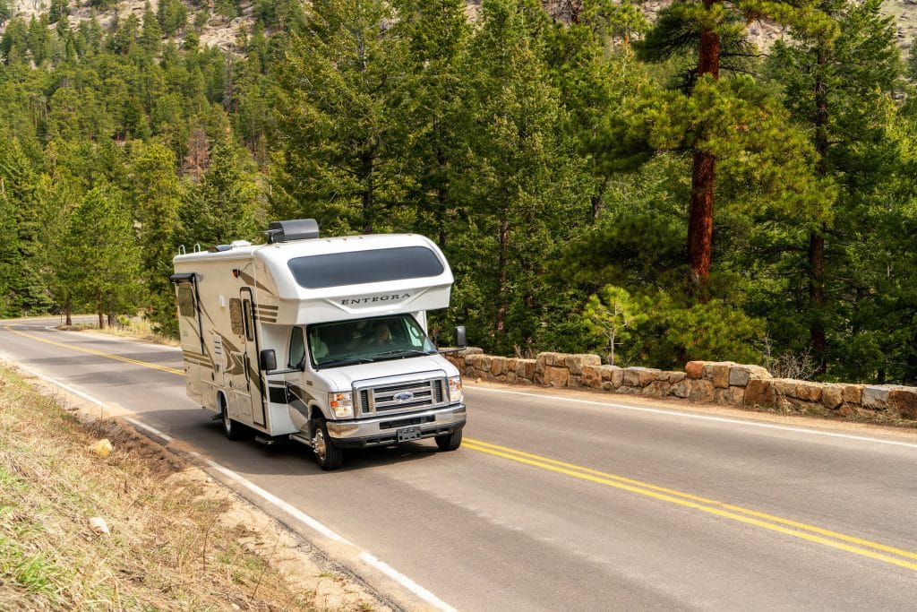 A Class C motorhome driving