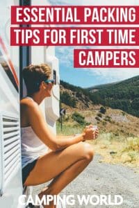 If you have an RV, whether you have a motorhome or a towable, and have selected your first destination, you’re ready to pack it up and have some fun. The biggest challenge most new campers have is deciding what to take without overloading your RV with unnecessary items. Save space, time, and stress with these essential packing tips for first time campers. #rving #rvlife #camper #camping #camperlife #happycamper 