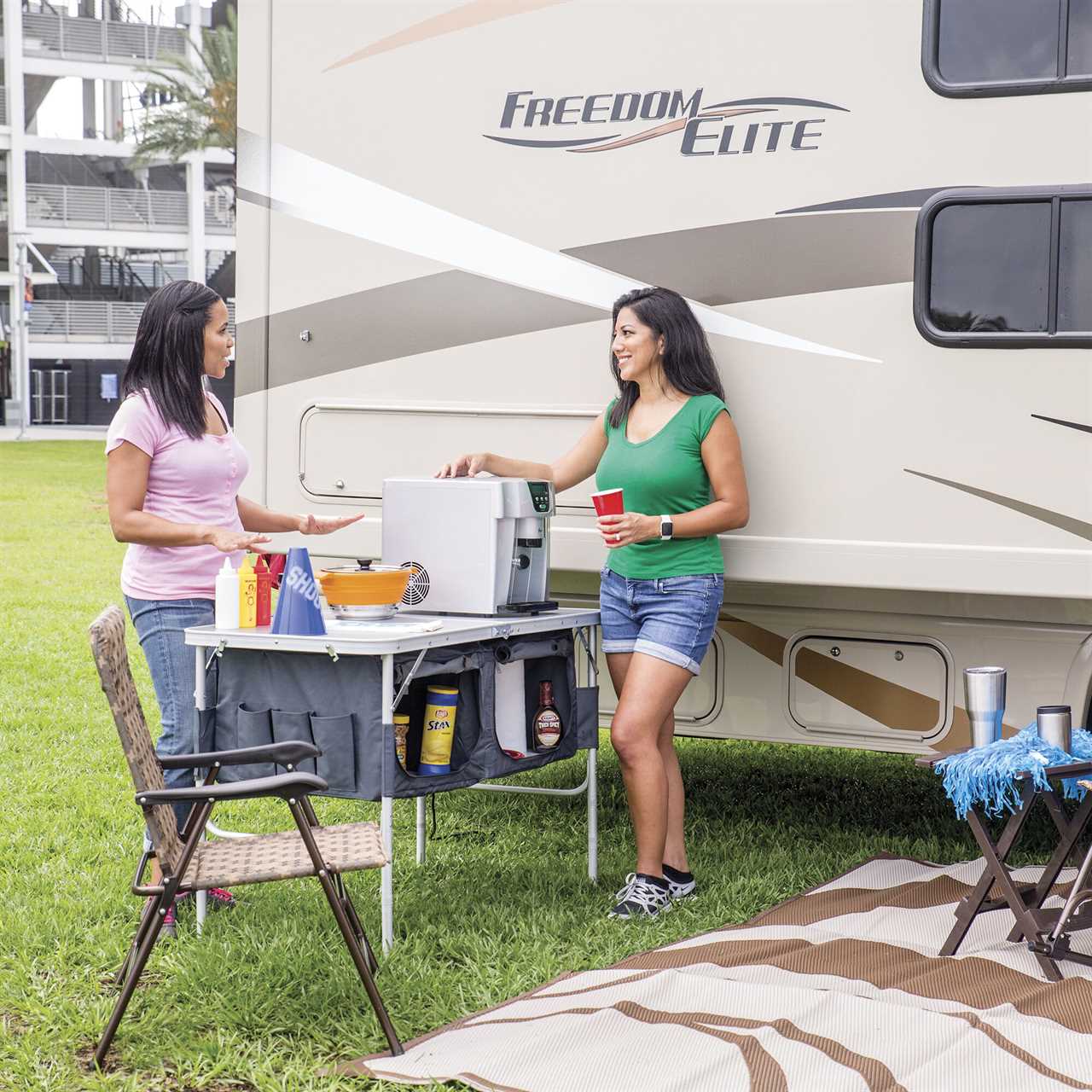 Fold-N-Half Table with Heat-Resistant Top and Storage Bins