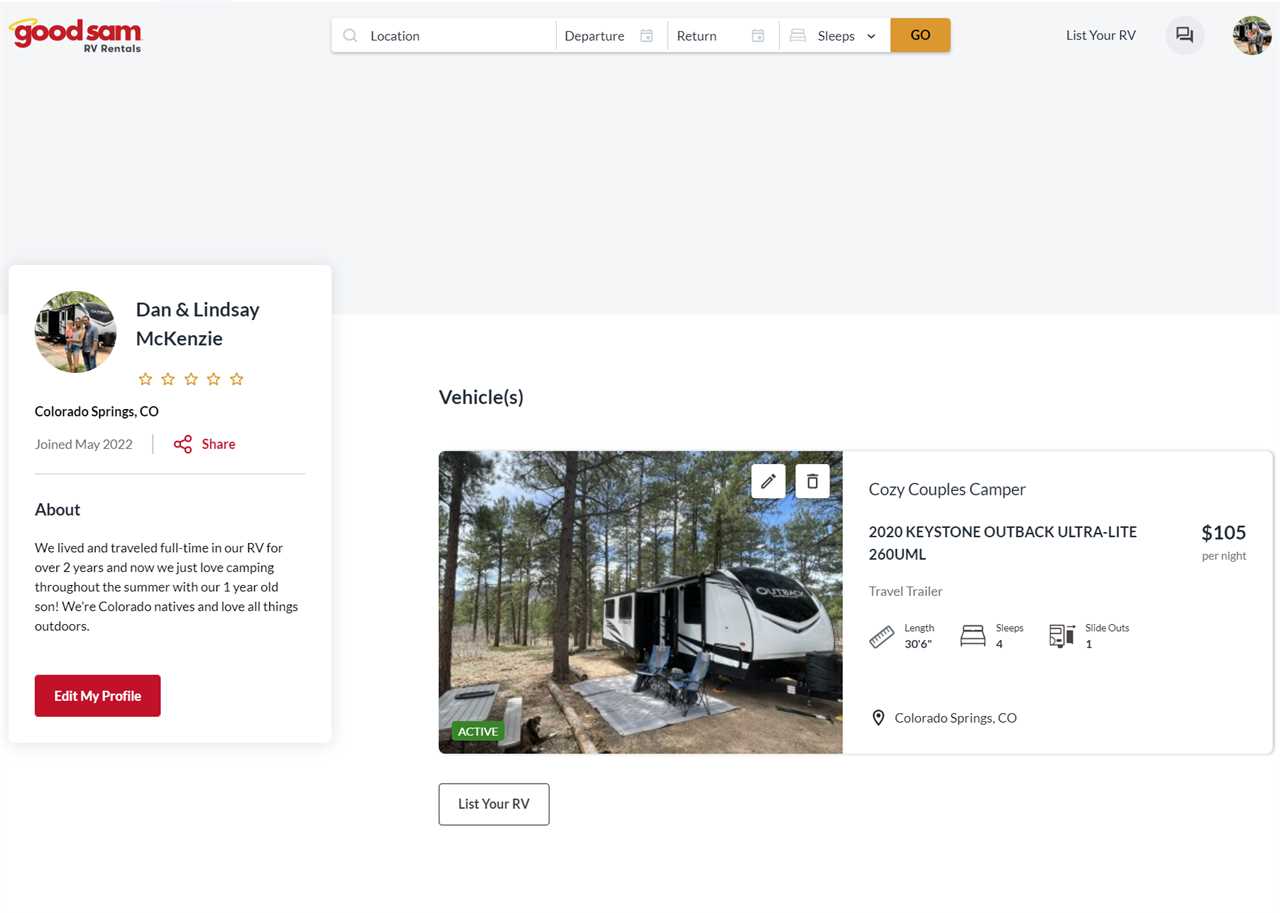 An RV rental profile. 