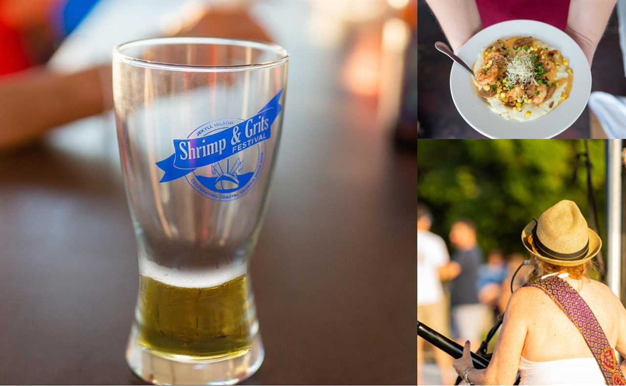 Various items — beer, grits and woman playing guitar — in a festival setting.