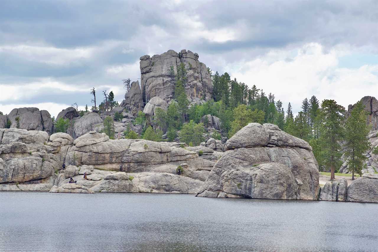 A lake with banks of rock