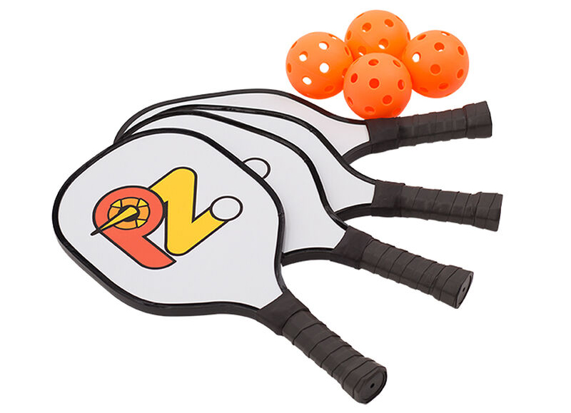 A set of paddles and bright orange balls.