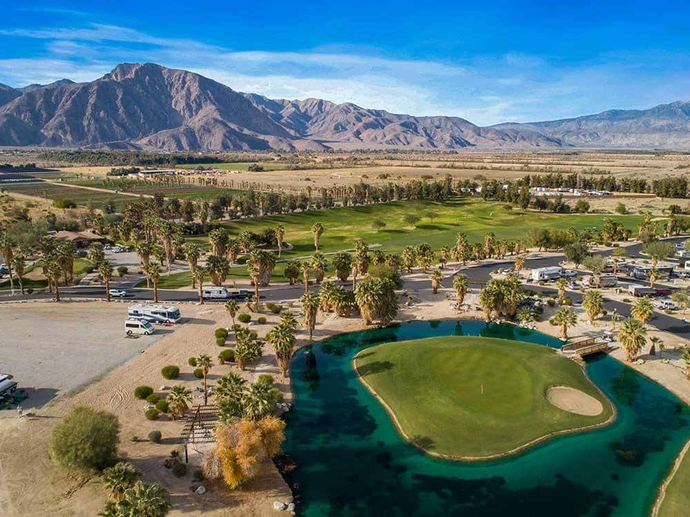Aerial shot of golf course.