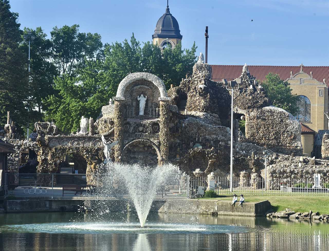 Grotto with madonna and fountain.