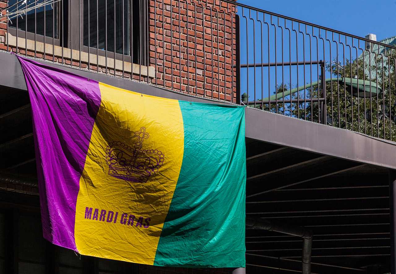 A mardi gras flag hangs in the wind