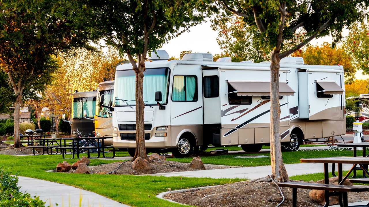 Motorhome in morning campground.