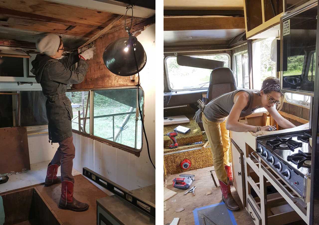 Two side-by-side images showing a woman repairing an RV interior.