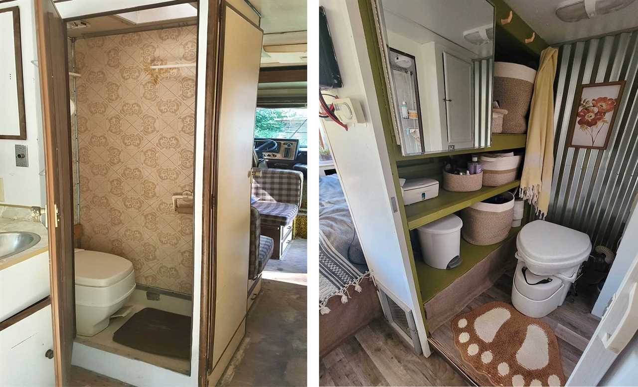 Side-by-side images of an RV bathroom.