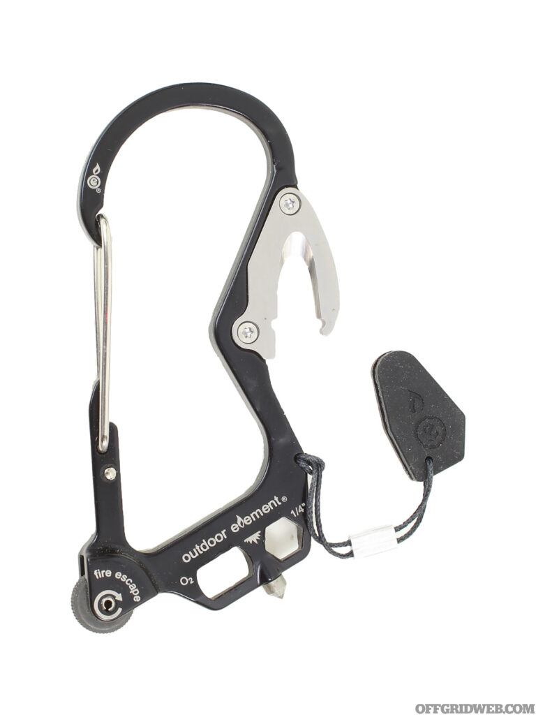 Studio photo of Outdoor Element's Fire Escape Multitool Carabiner.