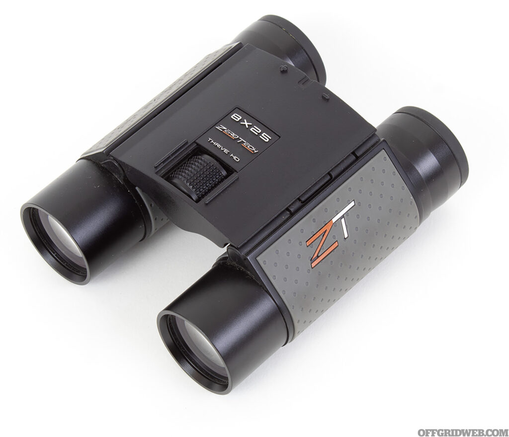 Studio photo of ZeroTech Optic's Thrive HD 8 by 25 millimeter binoculars taken for April's Gear Up column.