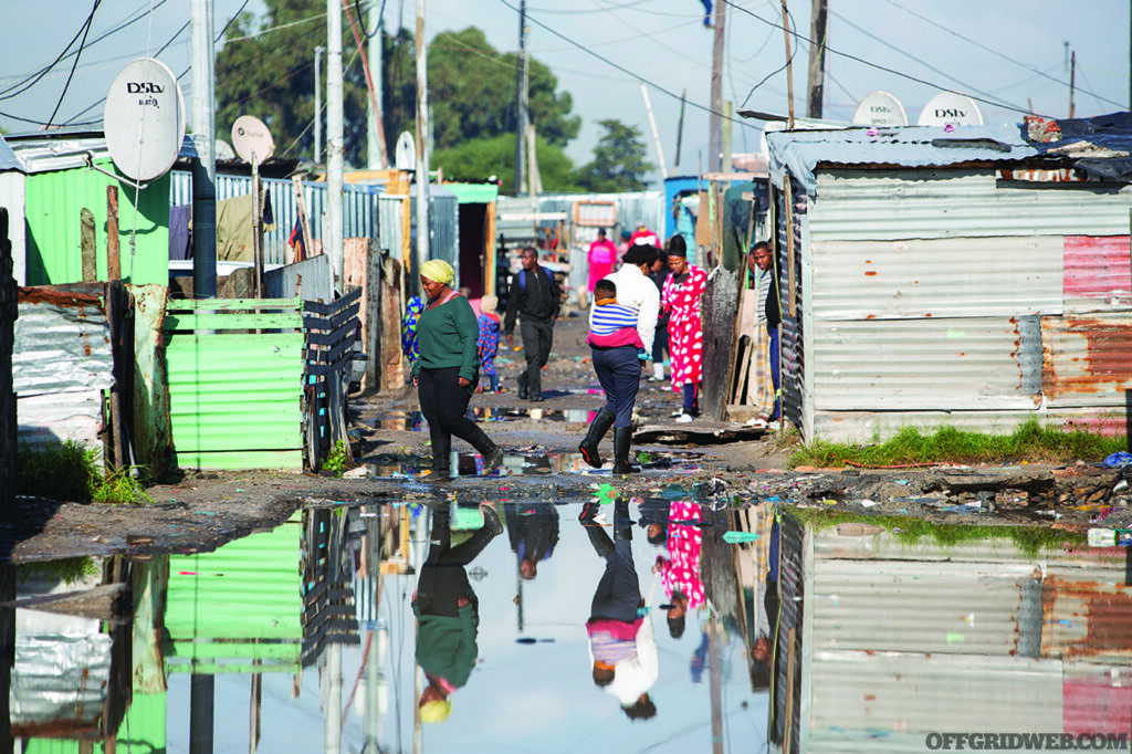 A photo of flooded shacks in Cape Town, South Africa.