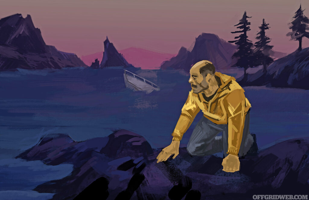Illustration of a man at the edge of a lake at dusk. He is possibly facing indefinite isolation in the wilderness.