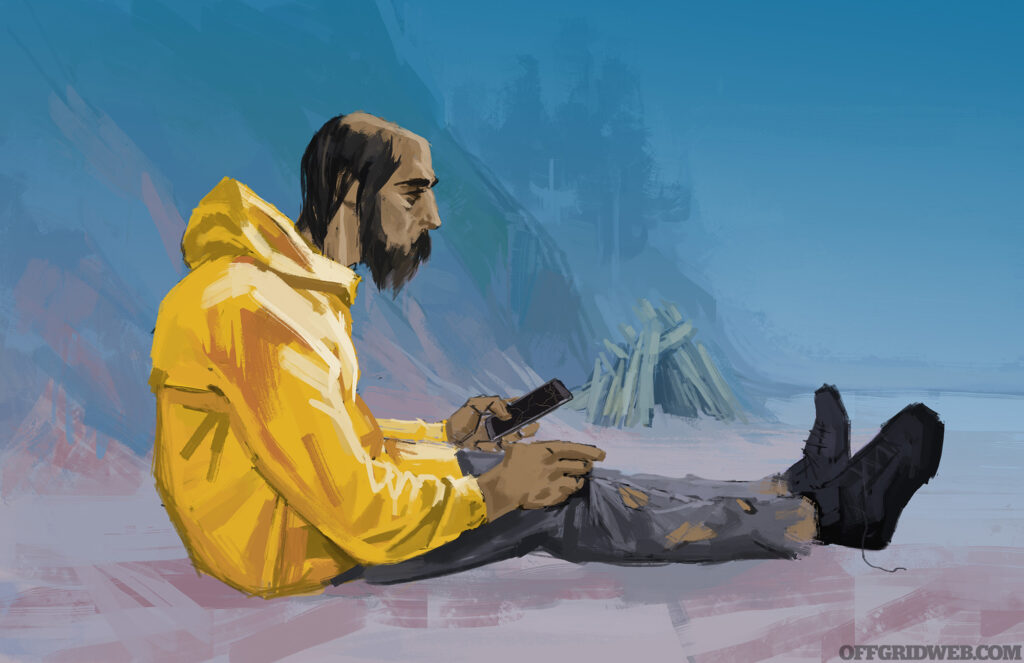 Illustration of a forelorn loking man sitting next to an unlit camp fire checking his cell phone for coverage.