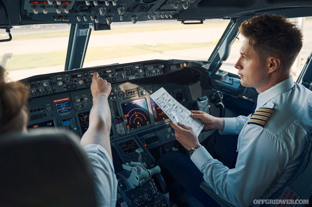 Photo of a co-pilot with a pre-flight checklist in his hand seated by a chief pilot in the flight deck.