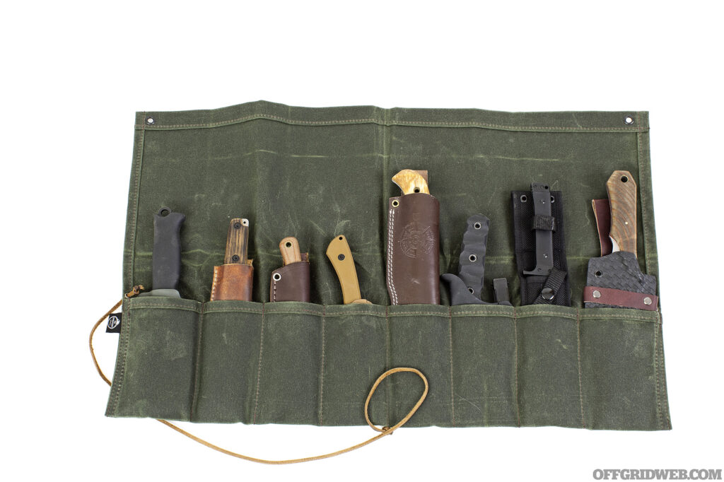 Studio photo of the PNW Bushcraft Birch Waxed Canvas Knife Roll Up.