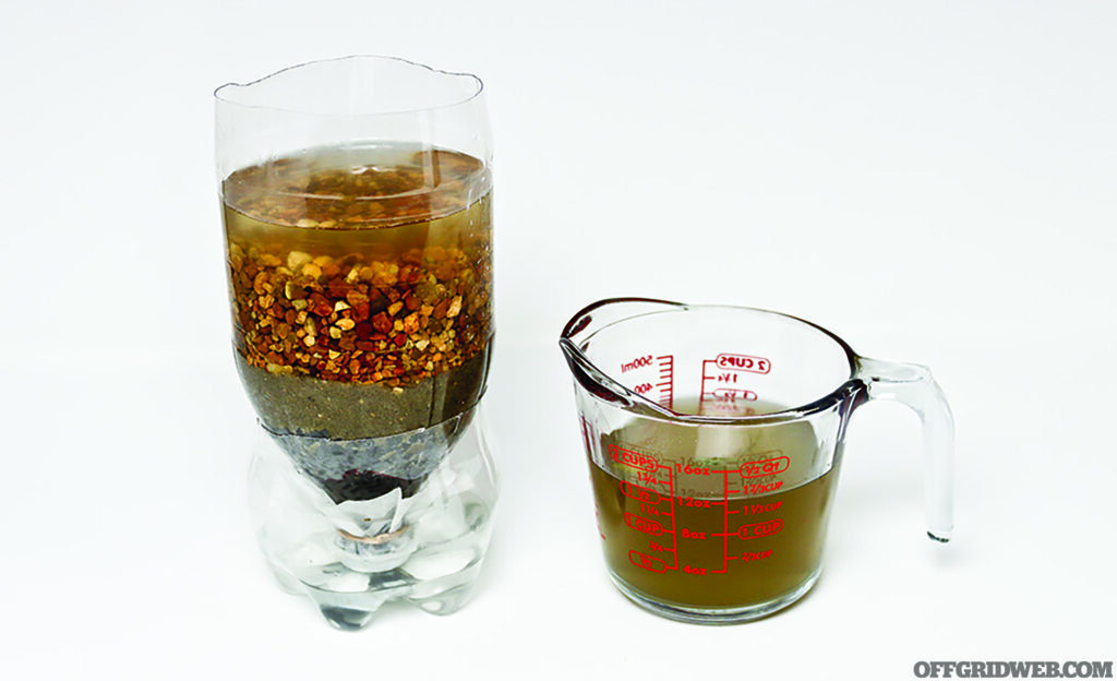 Photo of an improvised soda bottle water filter next to a measuring glass of murky water.