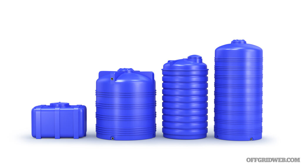 Studio photo of four blue water storage containers lined up left to right from shortest to tallest.