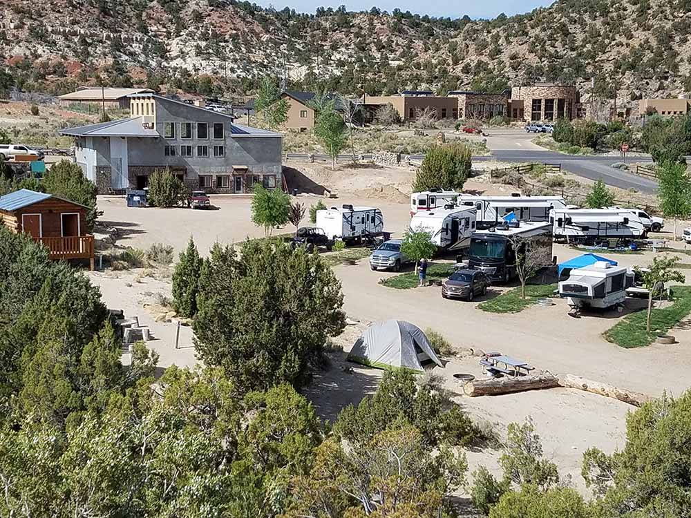 Aerial view of RV park in beautiful setting.