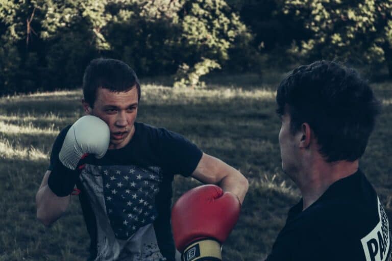 man and boy throwing punches