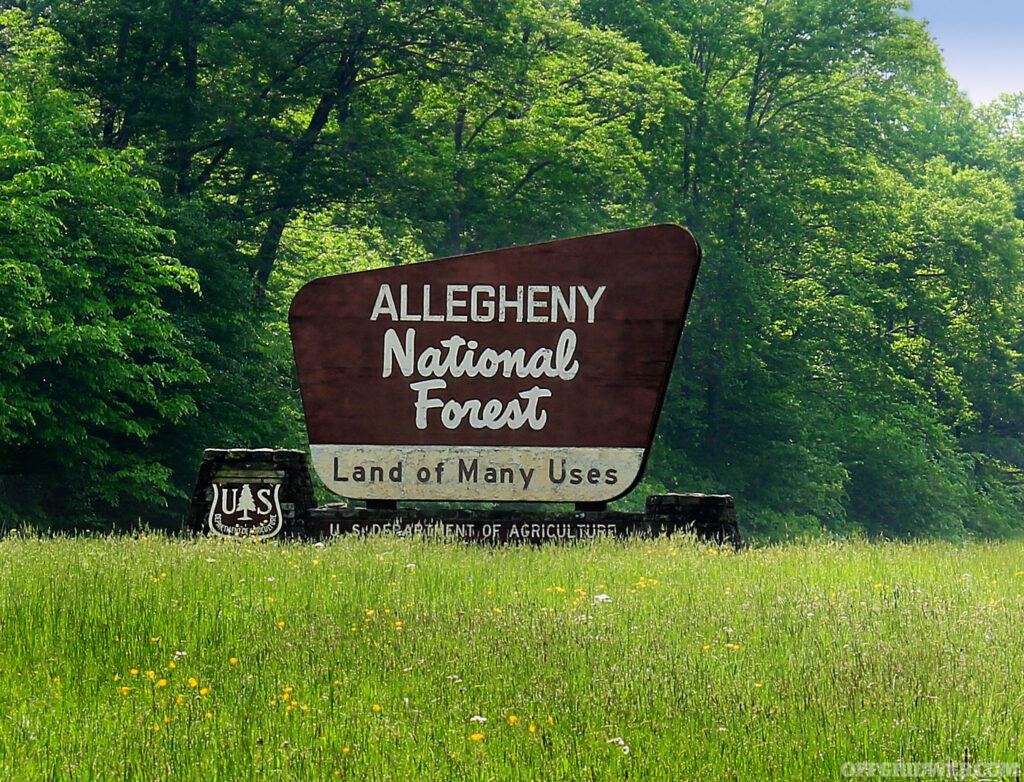 Photo of a roadside sign for the Allegheny National Park, which Craig Caudill's insights suggest holds numerous survival challenges.