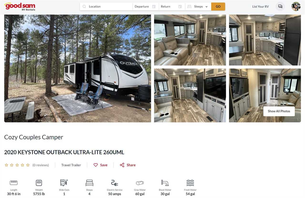 Computer screen showing interior and exterior of travel trailer