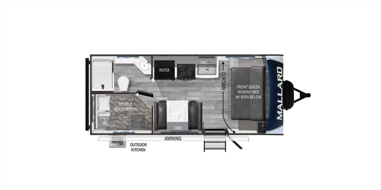 Floorplan of the Heartland Mallard Tailwind T180BH pull-behind camper