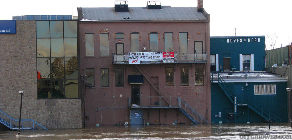 Photo of catastrophic flooding within an urban center.