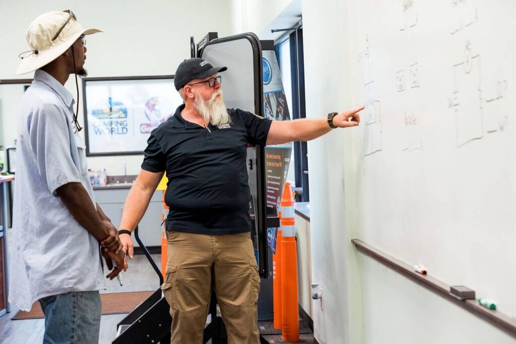 CWTI Instructor explaining electrical principles on whiteboard