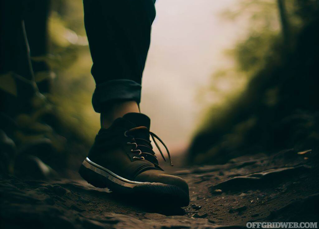 Photo of a hikers foot turning to leave the trail.