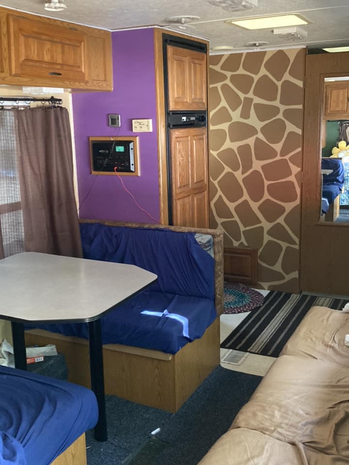 RV interior with giraffe patterned wall