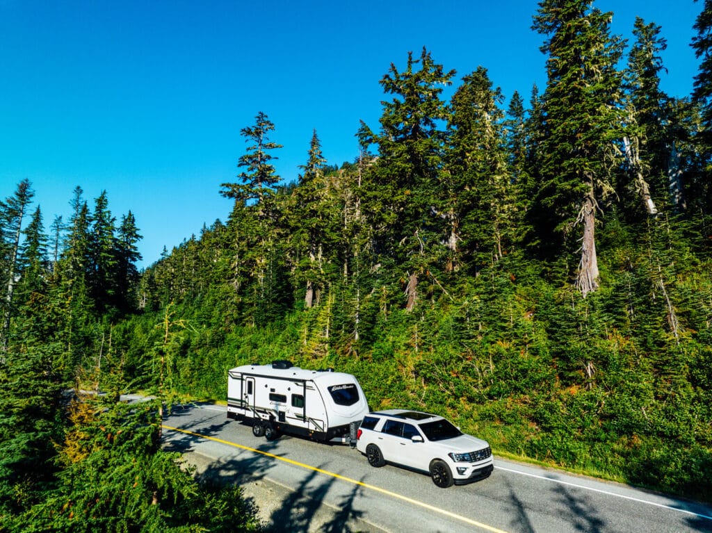 Ford Explorer towing Eddie Bauer travel trailer