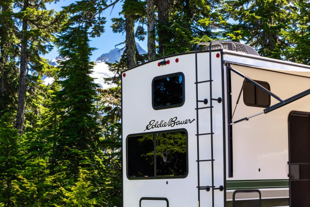 Rear of travel trailer in the woods with Eddie Bauer logo