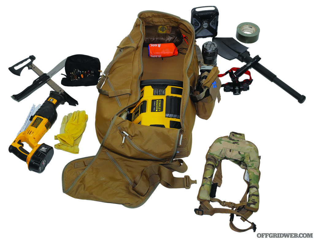 Studio photo of the bayou bug out bag contents.