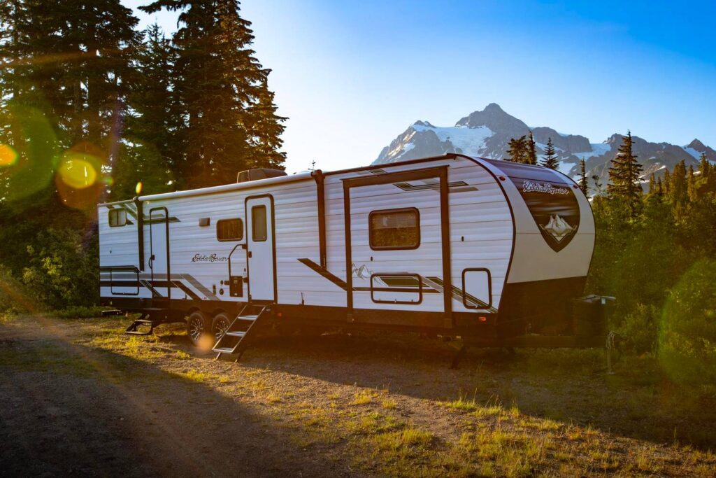 Eddie Bauer travel trailer parked in great spot for boondocking