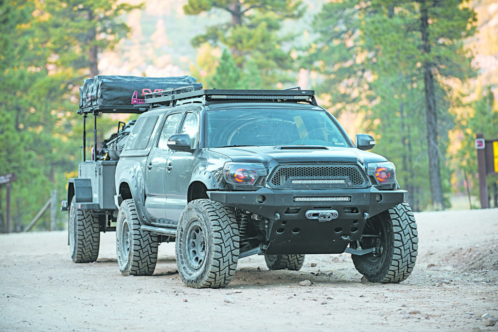 The Pelfreybilt Offroad lightweight aluminum bumper and the IFS aluminum skidplate also by Pelfreybilt provide protection from hazards. The bumper also hides a Warn Zeon 10-S Winch capable of pulling 10,000 pounds. This makes for a formidable bug out toyota tacoma.