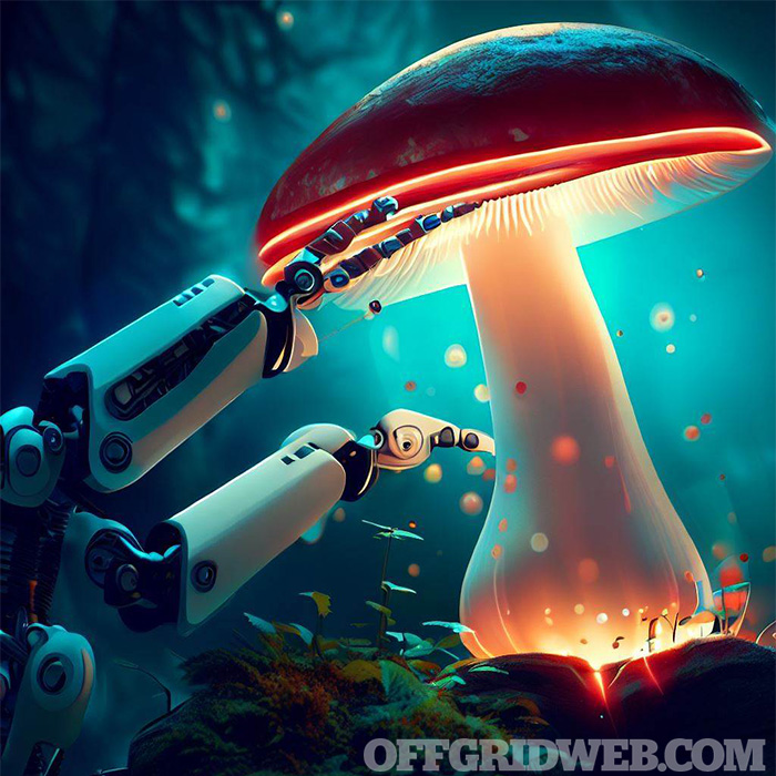 AI generated photo of a robot making a wild mushroom.